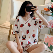 Summer thin pajamas women cotton cute cartoon strawberry short-sleeved shorts pullover girl home wear summer suit