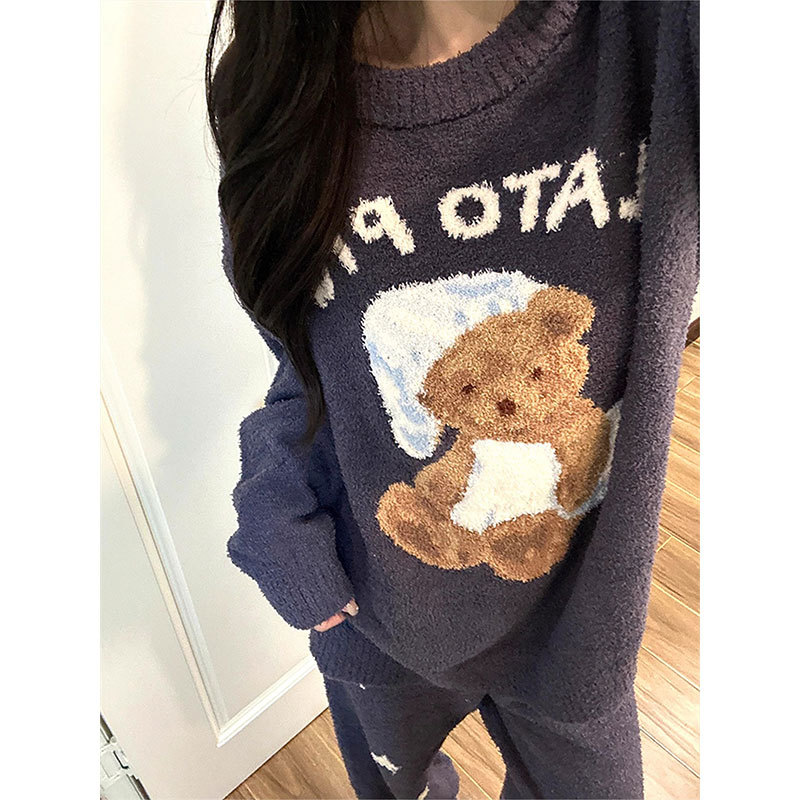 Korean-Style Cute Bear Print Half-Velvet Pajamas for Women, Autumn and Winter Fleece-Lined Thick Plush Knitted Loungewear Set