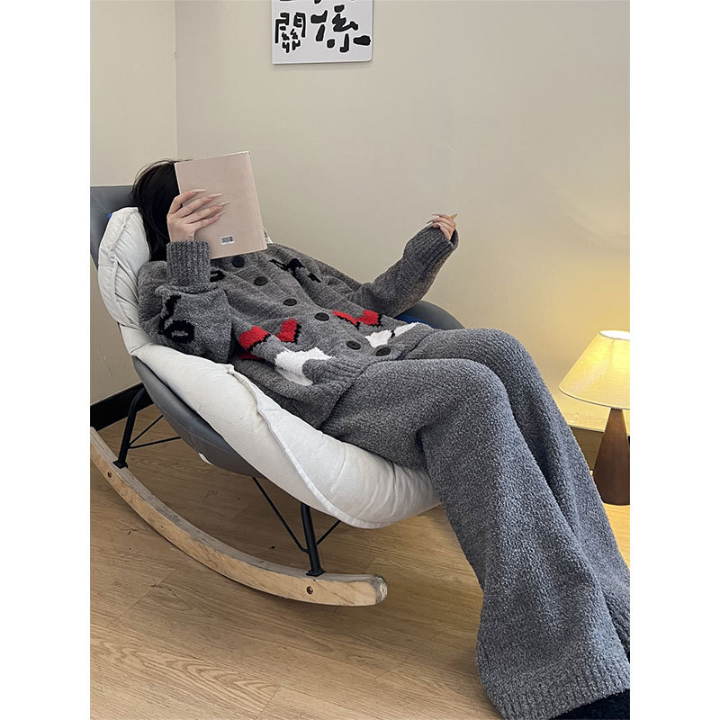 Sweet and Cute Cartoon Print Knitted Half-Velvet Pajamas for Women, Autumn and Winter Thickeneded Warm Plush Home Wear Set