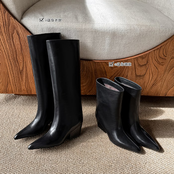 Stylish pointed toe mid-calf fashion boots with thick heels