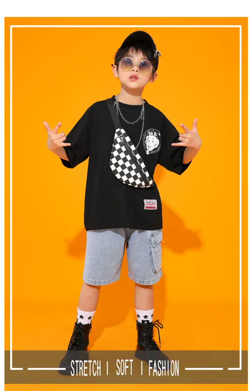 Áo thun hip hop trẻ em, áo thun tay ngắn trẻ em lớn, bé trai hợp thời trang, bé trai hip-hop, thun cotton thuần phong cách phương tây, mùa hè từ bi mới - Áo thun