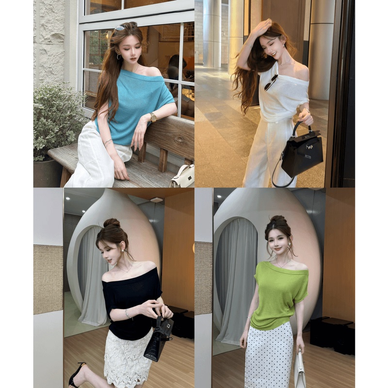 Kaka Official Genuine 2026 New Cool Summer Versatile Knitted Round Neck Asymmetrical Shoulder One-Shoulder Three-Way Top for Women