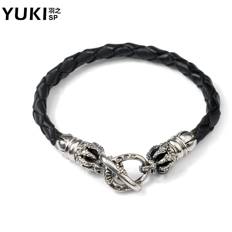 YUKI饰品男士 925银纯牛皮制银手链潮酷手环手饰新款泰银 皮配饰