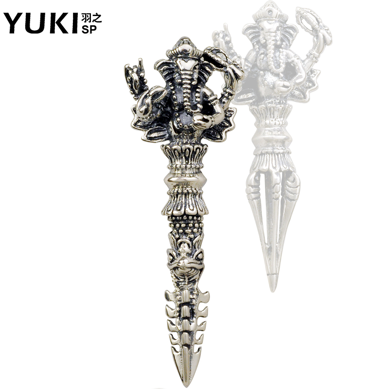YUKI925银金刚杵男士挂坠 象鼻财神泰银项链 佛教法器开光挂件