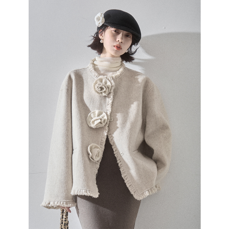 Liparpa Camellia Collection Wool Short Blazer with Frayed Edges, Chanel-Style Double-Sided Wool Coat