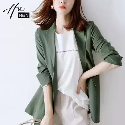 Cotton and linen small suit jacket women's thin Korean loose British style avocado green linen casual suit women's top