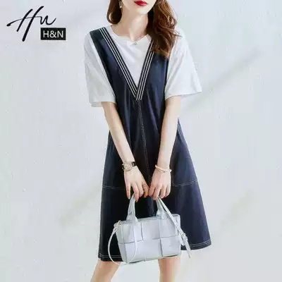 iFashion light luxury women's high-end fake two-piece spliced dress short-sleeved mid-length version of the baby bag straight skirt