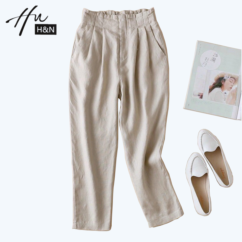 Casual cotton and linen trousers women's 2022 spring and summer new slimming high waist tooling wide-leg cropped trousers linen harem trousers women - Taobao