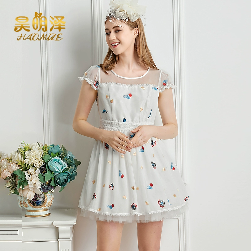 Váy đầm Đài Loan thương hiệu mùa hè năm 2021 mới thêu lưới eo cao tay phồng cổ tròn cộng với kích thước quần áo phụ nữ - Váy eo cao