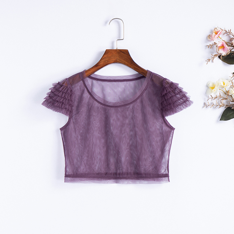 Cake Sleeve Lace Blouse 2026 Spring/Summer Mesh Breathable Base Shirt Short Sweet Fairy-Like Inner Top for Women