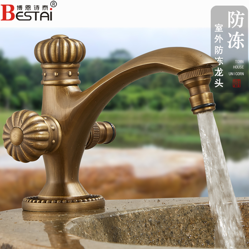 Antique-Style Outdoor Faucet, Frost-Resistant, Single Cold Water, All-Copper Washbasin, Marble Stone Basin, Garden Outdoor Faucet