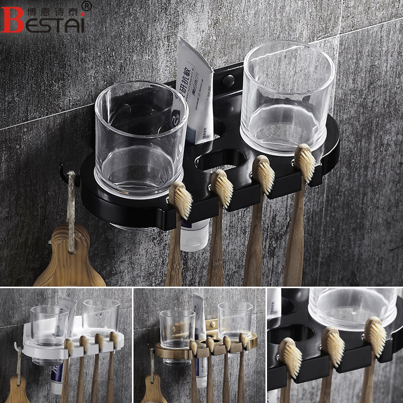 Punch-free double hook toothbrush cup holder shelf dressing room wall hanging bathroom multifunctional couples wash mouth cup shelf