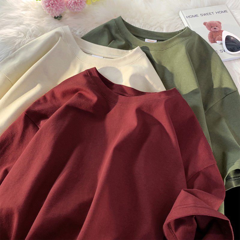 Pure Cotton T-Shirt 260g Heavyweight American Retro Solid Color Spring and Summer Short-Sleeved Korean Style Loose Large Size Top for Female Students