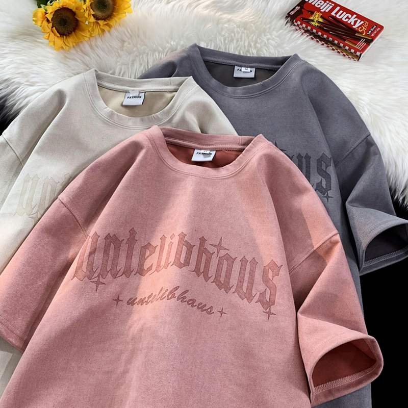 Pink Short-Sleeved T-Shirt for Women, Heavy Suede Velvet, Loose American Retro Oversize Half-Sleeve Top, 2026 New Style Pink Short-Sleeved T-Shirt for Women, Heavy Suede Velvet, Loose American Retro Oversize Half-Sleeve Top, 2026 New Style