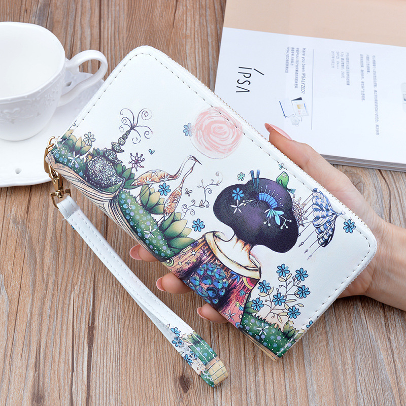 Manyidi Women's Wallet Long Zipper Clutch Soft Leather Wallet Korean Style Printed Student Coin Purse Phone Bag Manyidi Women's Wallet Long Zipper Clutch Soft Leather Wallet Korean Style Printed Student Coin Purse Phone Bag