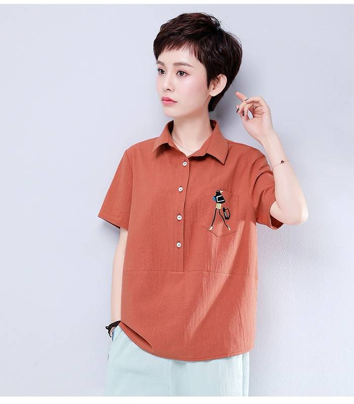 Áo thun nữ tay lửng ngắn nữ 2018 hè mới hè cỡ lớn cho nữ trung niên cotton Quần áo cổ bẻ - Áo phông