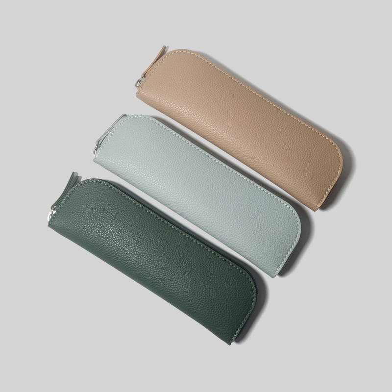 Original brief Exquisite Pu Pure Color Pull Chain Pencil Large Capacity Pen Bag High School Student Stationery Simple Cashier Bag