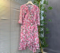 Large size fashionable age-reducing V-neck floral chiffon dress womens 2024 summer new a-line waist slimming mid-length skirt