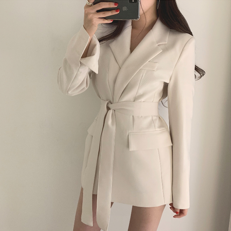 Classic Style Internet Celebrity Elegant Waist-Cinching Tie High-End Professional Light Luxury Spring and Autumn Mid-Length Blazer Classic Style Internet Celebrity Elegant Waist-Cinching Tie High-End Professional Light Luxury Spring and Autumn Mid-Length Blazer