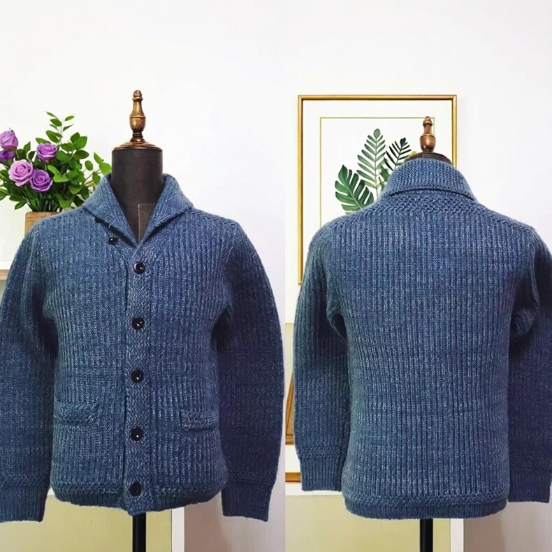 Type a Blood Type, Free Shipping on a Few Items, Indigo-Dyed, Faded, Vintage-Style, Heavy-Duty, Twisted-Knit, Blue Cardigan Sweater
