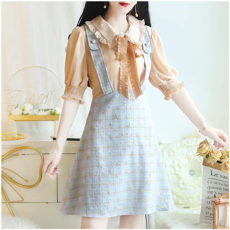 VK旗艦店 韓系娃娃領木耳邊襯衫假兩件短袖洋裝