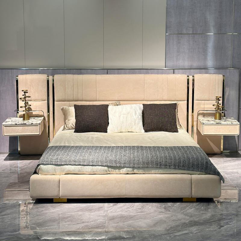 Nova Italian-Style Light Luxury Designer Villa Large Flat-Screen Master Bedroom Double Frosted Fabric Bed