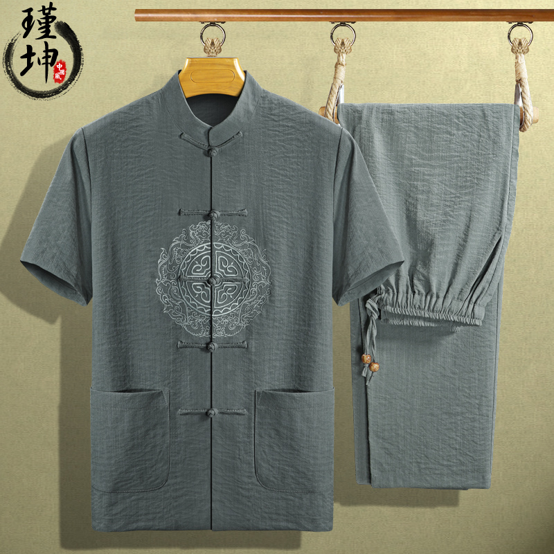 Short Sleeve Tang Dress Men's Summer Thin middle aged cotton linen Men's Loose Embroidery Handmade Pan Button China Wind Suit