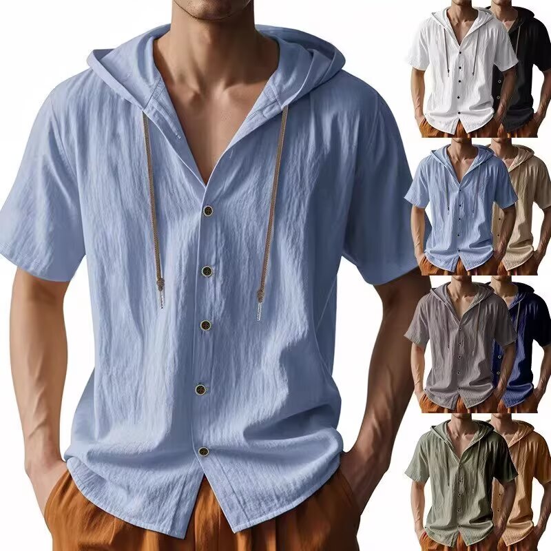 European and American Style Men's Summer Ice Silk Thin Casual Breathable Hooded Loose Versatile Short-Sleeve Shirt