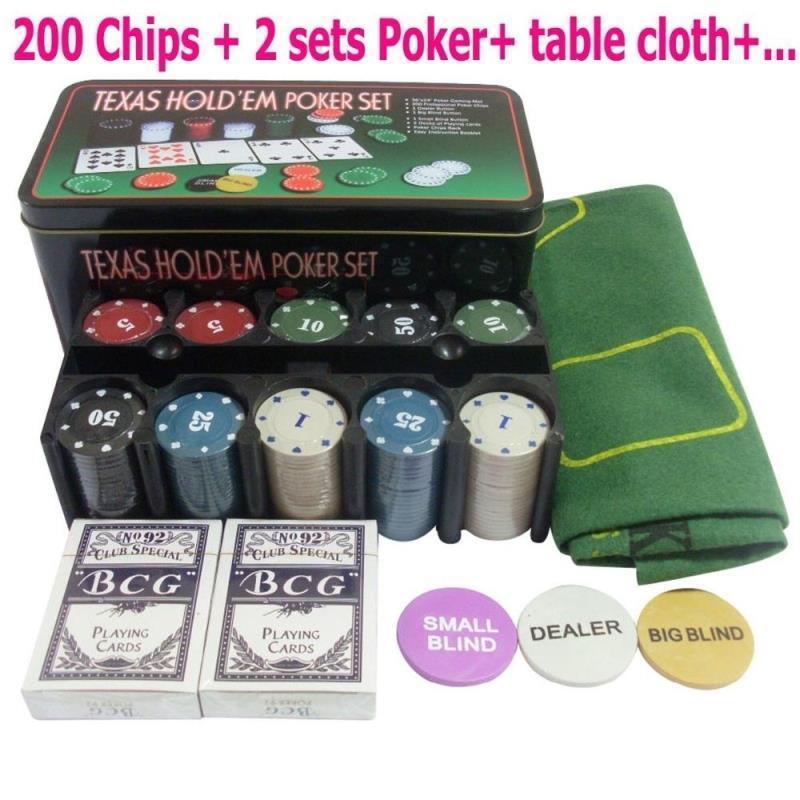 Texas Hold'em Blackjack Set 200 Chips Tablecloth Banker Poker Exquisite Iron Box
