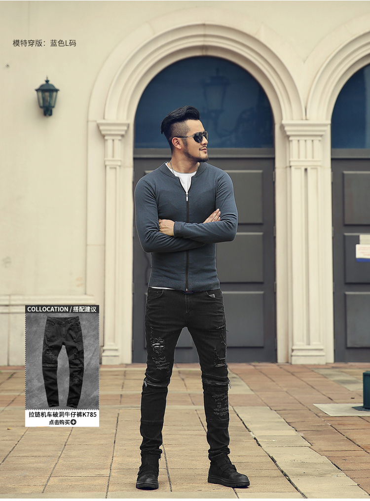 Mùa xuân New Blue Men Zip Đan cardigan Áo len nam Slim cardigan Áo len nam J776 - Hàng dệt kim áo phao nam
