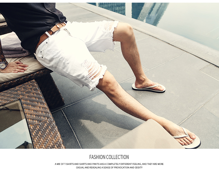 Mùa hè 2019 phong cách mới màu trắng nam phá vỡ quần jeans lỗ quần nam lỗ denim K772 - Quần short quần ngủ nam