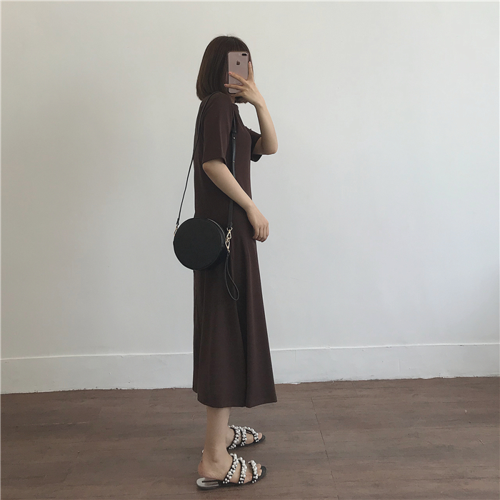 Muzi18 mùa xuân đơn giản mặc bông đầm váy dài ba màu vào đàn hồi eo mỏng một từ váy đầm voan xòe