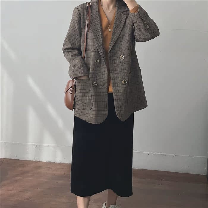 Muzi 18 mùa thu cổ điển trở lại phù hợp với kẻ sọc cổ điển nữ! Cà phê tro tối kết cấu áo khoác giản dị áo khoác nữ
