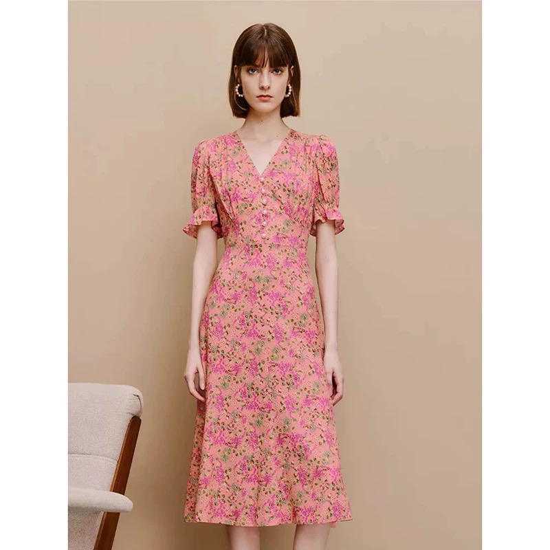 Lkb Original Product Romantic and Elegant Summer Floral 25 New Elegant V-Neck Pearl Button Short-Sleeved Silk Dress