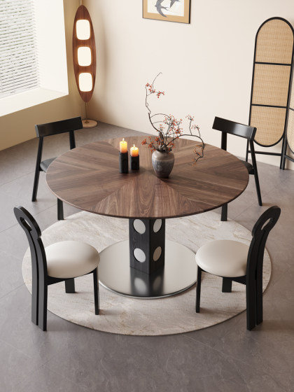 馨佰利伯格岩板餐桌椅2024新款家用小户型圆桌复古风黑胡桃小饭桌