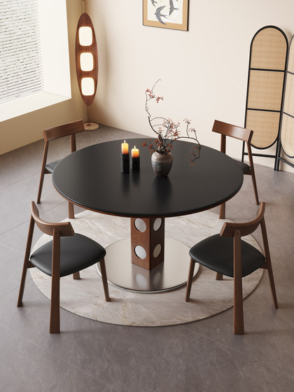 馨佰利伯格岩板餐桌椅2024新款家用小户型圆桌复古风黑胡桃小饭桌