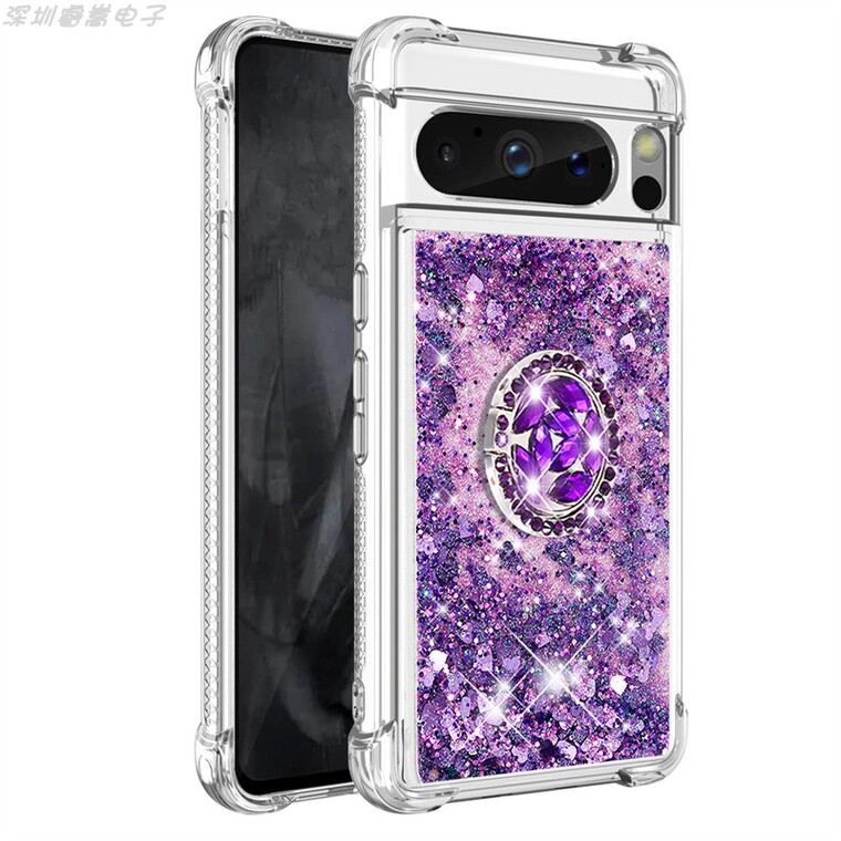 Girls Shiny Liquid Quicksand Glitter Bling Silicone TPU With Ring Finger Holder Kickstand 8, 8 Pro Google Pixel Phone Case