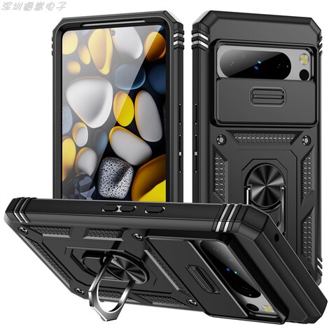 Black — Armor Drop Resistant Tough Shockproof Ring Finger Holder Kickstand Camera Lens Protection 8, 8 Pro Google Pixel Phone