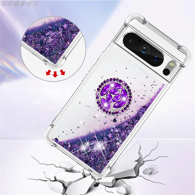 Girls Shiny Liquid Quicksand Glitter Bling Silicone TPU With Ring Finger Holder Kickstand 8, 8 Pro Google Pixel Phone Case