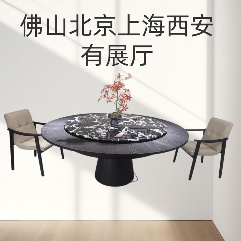 Foshan Solid Wood Fletcher Transformable Round Dining Table with Stainless Steel Mechanism Chair Turntable and Marble Top