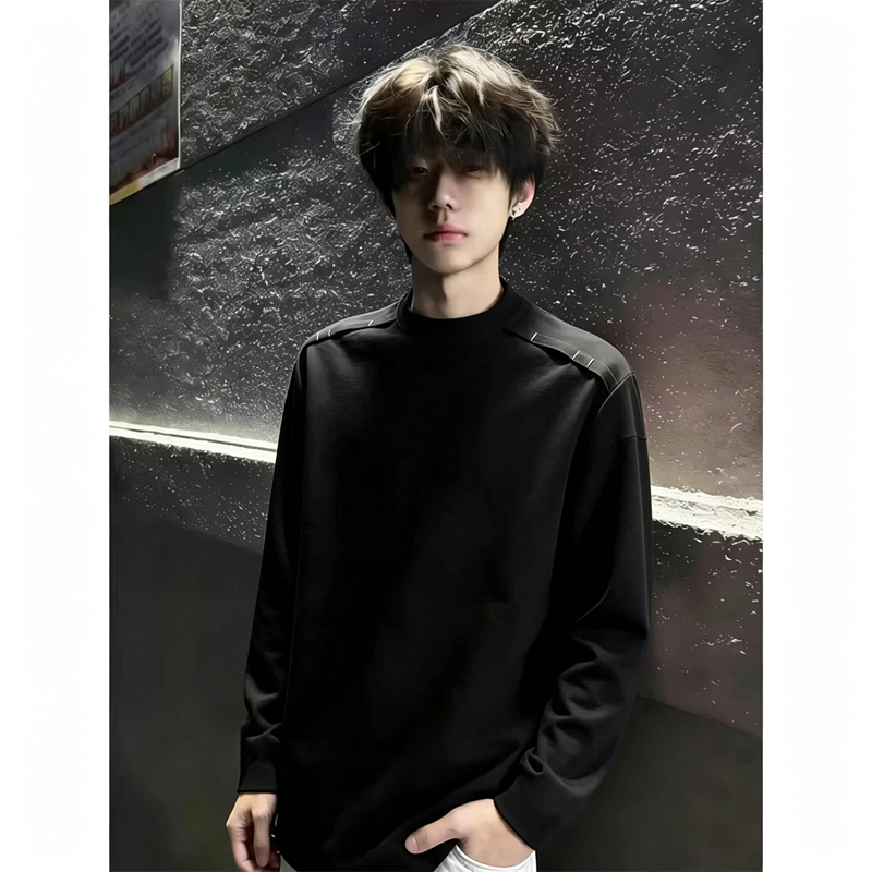 Korean Style Black Regular Shoulder Long-Sleeve T-Shirt for Men, Autumn Loose-Fitting Couple Sweatshirt, Heavyweight Thickened Inner Layer Base Shirt