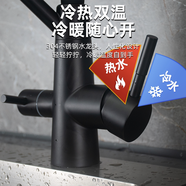 304 Stainless Steel Black and Silver Three-In-One Faucet with Hot and Cold Water for Kitchen Sink, Water Purifier, Direct Drinking Water Sink, Household Faucet