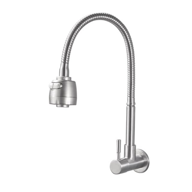 304 Stainless Steel Wall-Mounted Faucet, Single Cold Water, for Home Kitchen Sink, Extended Side Inlet, Pull-Out, Swivel