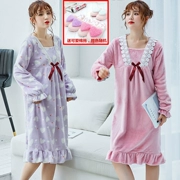 Váy ngủ nữ mùa đông san hô nhung nhung gợi cảm dài tay phiên bản Hàn Quốc của flannel lỏng phần dài mùa thu và mùa đông dày lên dịch vụ nhà