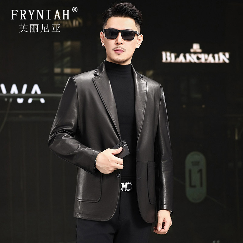 Fulinia Men's Goatskin Leather Suit 2026 New Style Middle-Aged Business Gentleman's Non-Iron Leather Jacket for Men