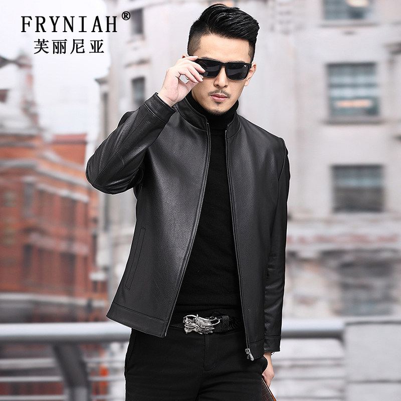 High-End Stand-Collar Genuine Leather Jacket for Men, Trendy This Year, Made of Top-Layer Cowhide, Warm and Thickened, Suitable for Middle-Aged Business Men High-End Stand-Collar Genuine Leather Jacket for Men, Trendy This Year, Made of Top-Layer Cowhide, Warm and Thickened, Suitable for Middle-Aged Business Men
