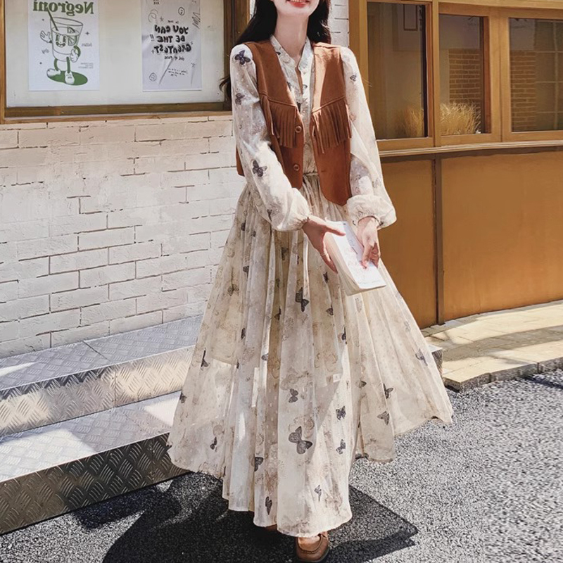 115kg Extra Large Size Women's Spring and Autumn French Romantic Floral Long Sleeve Dress 300 Plus Size Vest Dress Set