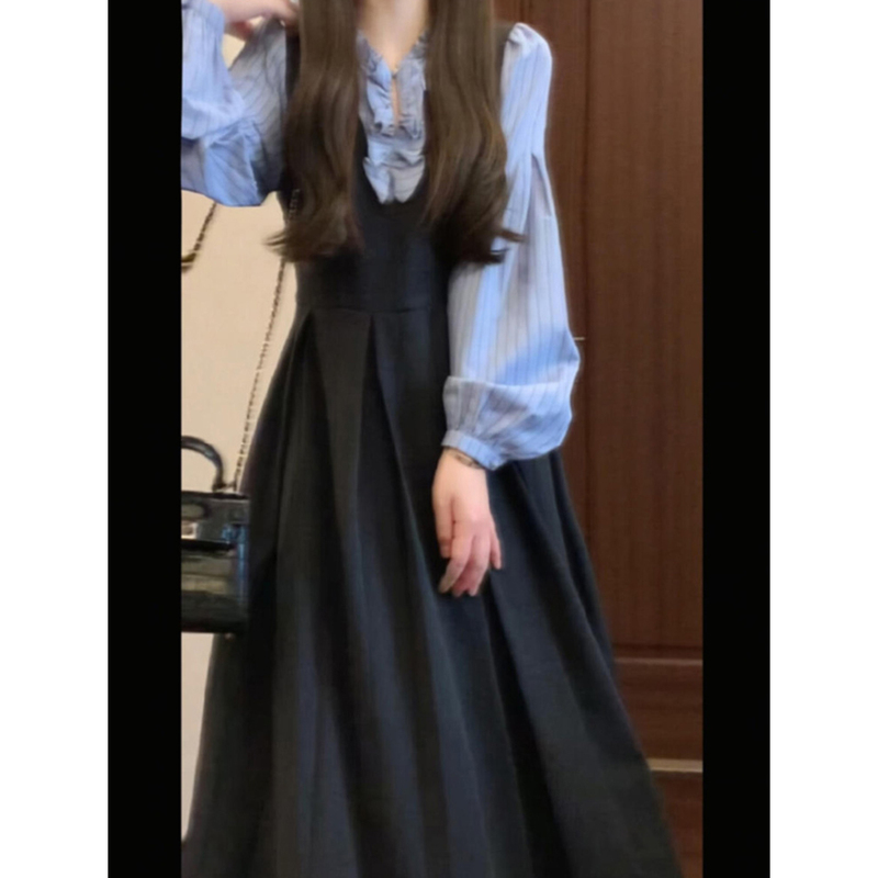 111.5kg Plus Size Women's Autumn and Winter Blue Long Sleeve Fake Two-Piece Dress 300+ Size Elegant Shirt Long Dress