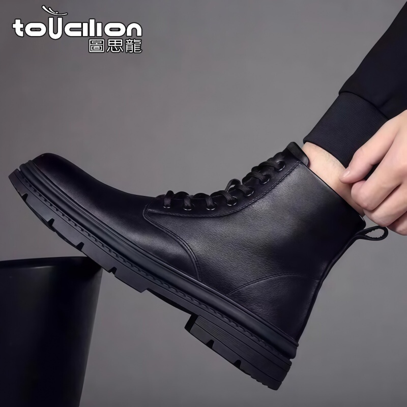 Tusilong Martin Boots High-Top New Style British Soft Leather Fleece-Lined Boots Men's Leather Boots Workwear Winter Mid-Top Trendy