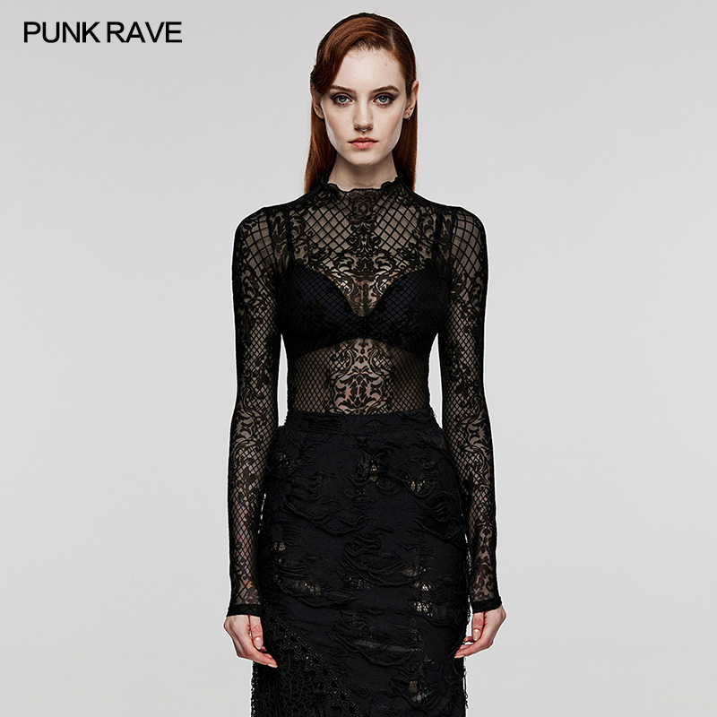 Autumn and Winter New Gothic Women's Velvet T-Shirt, High-Neck Long-Sleeve Black Lace Shirt, Slim-Fitting Top, Base Layer Shirt